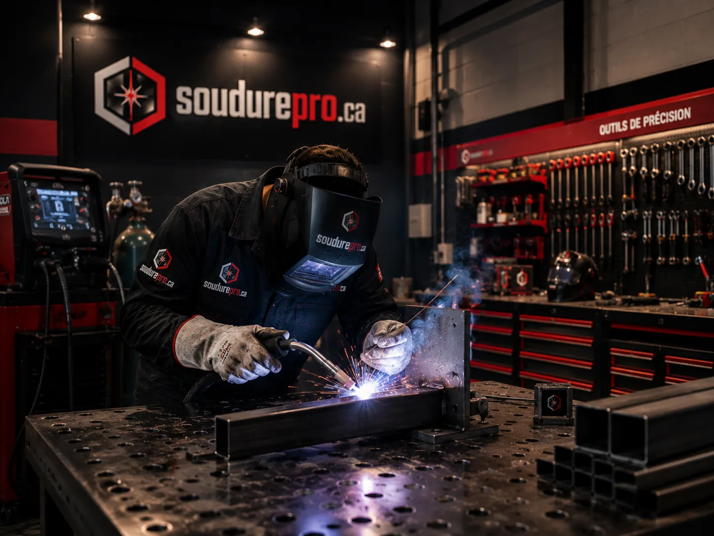 Soudeur en atelier sur table de montage